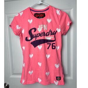 Superdry Sportswear Hot Pink Hearts Crewneck T-Shirt Women's Size Small